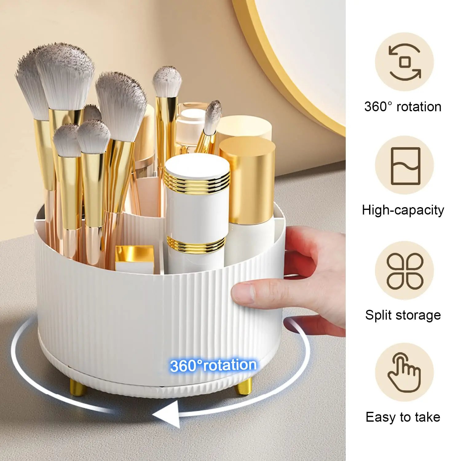 Elegante organizador de brochas de maquillaje con 5 ranuras 360 ° Organizador giratorio de brochas de maquillaje para tocador, escritorio, baño, almacenamiento de oficina Elegante organizador de brochas de maquillaje con 5 ranuras 360 ° Organizador giratorio de brochas de maquillaje para tocador, escritorio, baño, almacenamiento de oficina